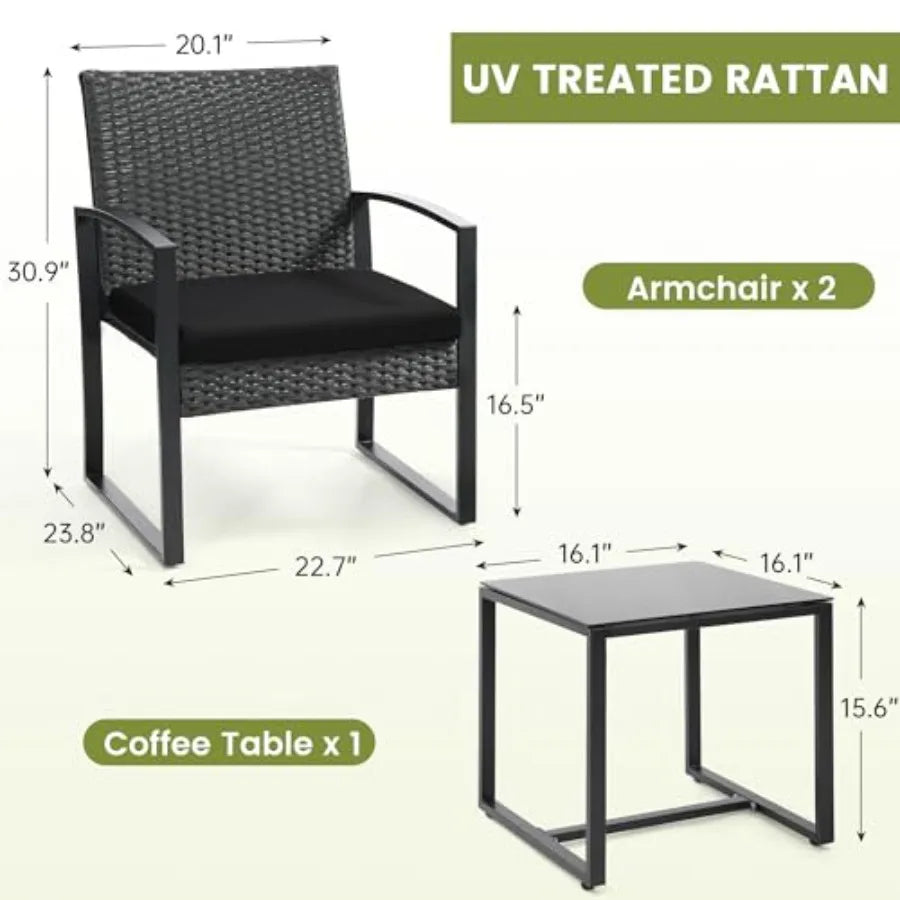 3 Piece Wicker Patio Bistro Set Rattan Conversation Set with Coffee Table for Balcony Porch Garden Yard Poolside Black Frame wi