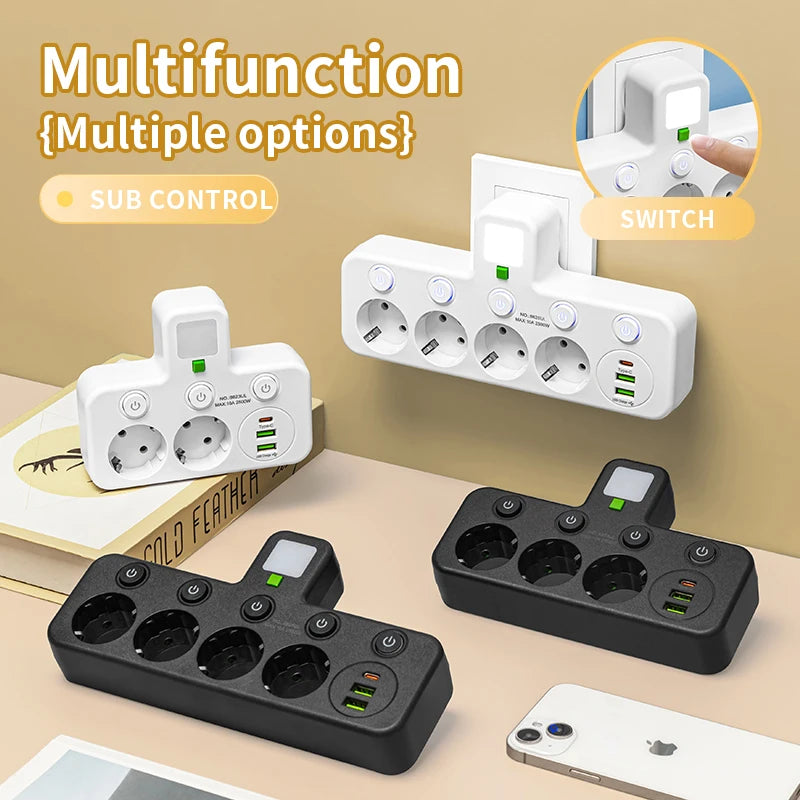 EU plug and socket, 4-pole socket, multifunctional wall plug, with or without extension cords or USB and Type-C interfaces