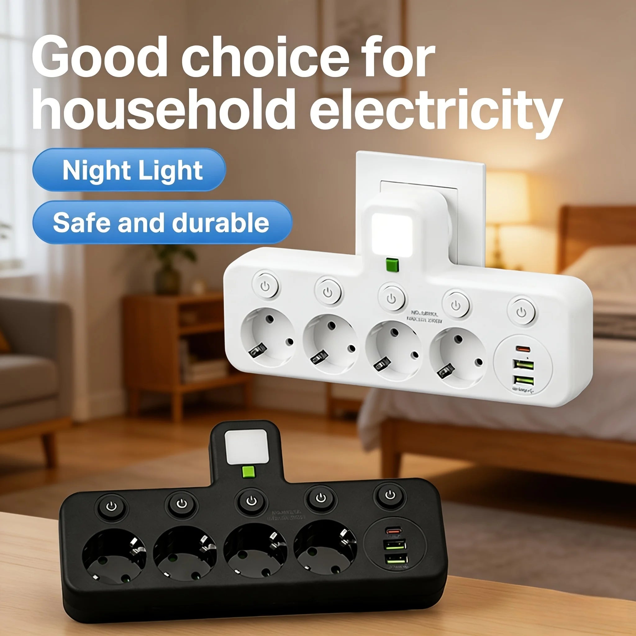 EU plug and socket, 4-pole socket, multifunctional wall plug, with or without extension cords or USB and Type-C interfaces