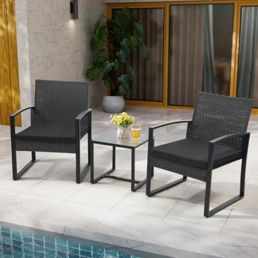 3 Piece Wicker Patio Bistro Set Rattan Conversation Set with Coffee Table for Balcony Porch Garden Yard Poolside Black Frame wi