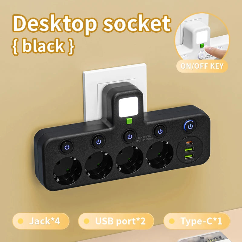 EU plug and socket, 4-pole socket, multifunctional wall plug, with or without extension cords or USB and Type-C interfaces