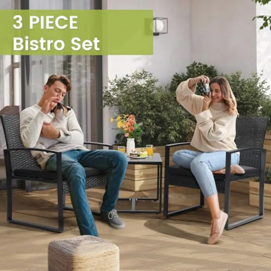 3 Piece Wicker Patio Bistro Set Rattan Conversation Set with Coffee Table for Balcony Porch Garden Yard Poolside Black Frame wi