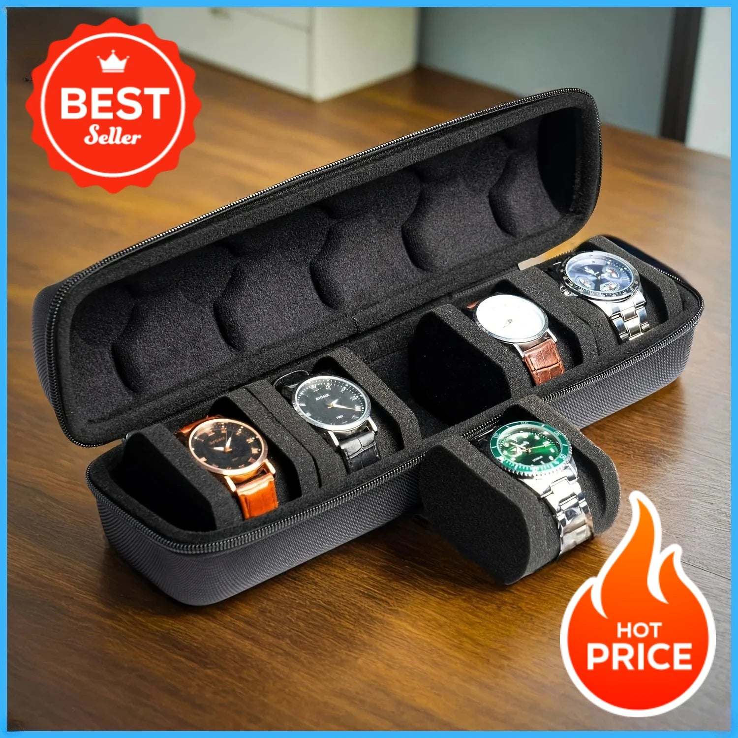 1pc 5-Slot Watch Case | Hard Shell Travel Organizer with Pillow Insert - Gift Ready (Black),suitable for smart watch storage