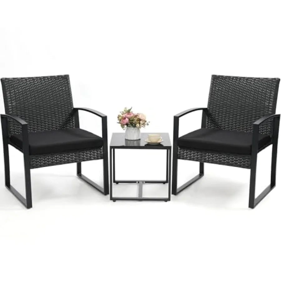 3 Piece Wicker Patio Bistro Set Rattan Conversation Set with Coffee Table for Balcony Porch Garden Yard Poolside Black Frame wi
