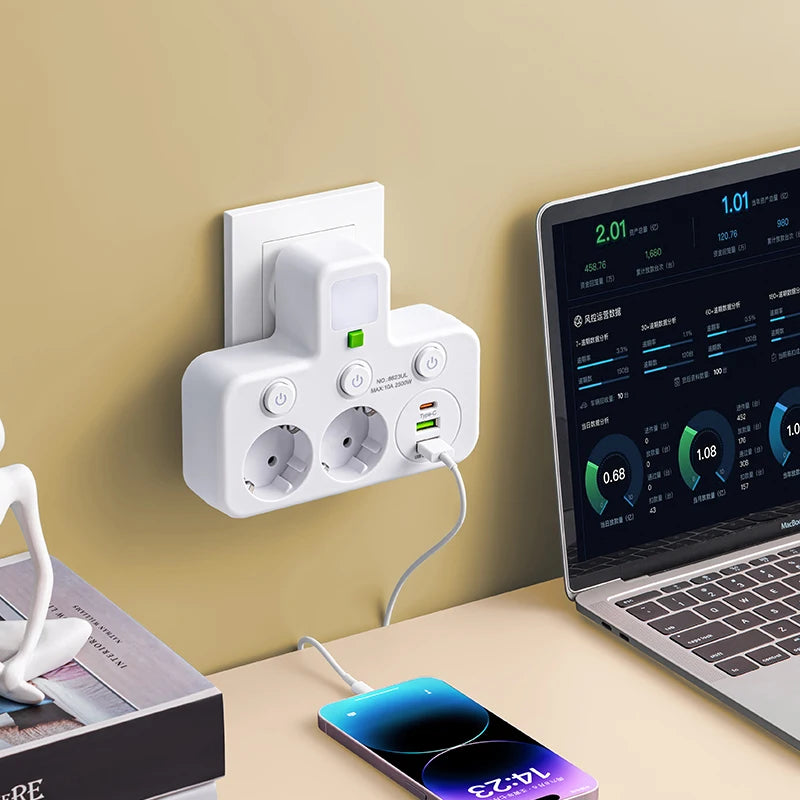 EU plug and socket, 4-pole socket, multifunctional wall plug, with or without extension cords or USB and Type-C interfaces