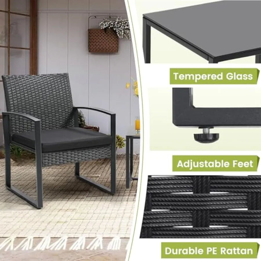 3 Piece Wicker Patio Bistro Set Rattan Conversation Set with Coffee Table for Balcony Porch Garden Yard Poolside Black Frame wi